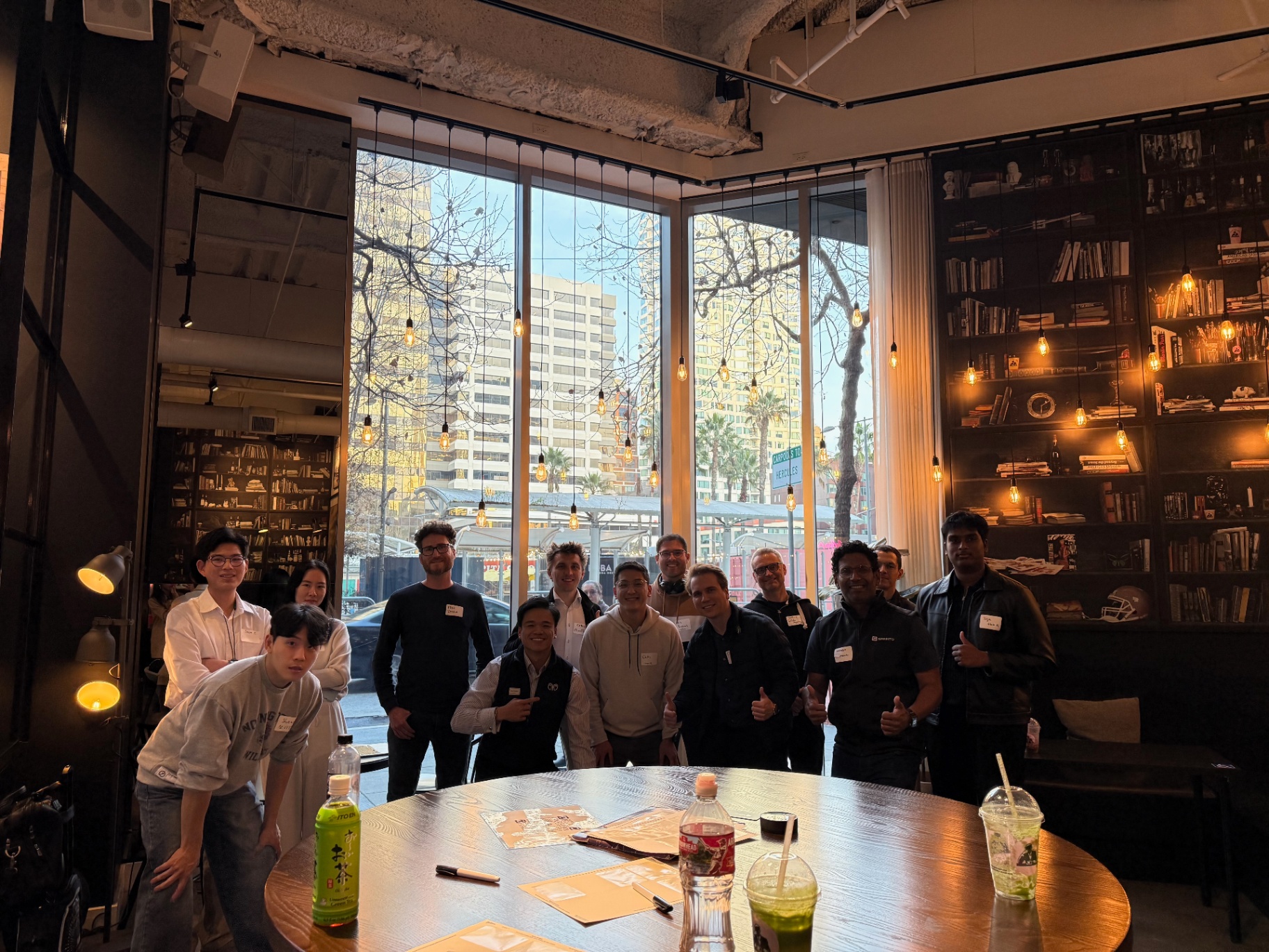 Founders in the bookshelf lounge with big windows
